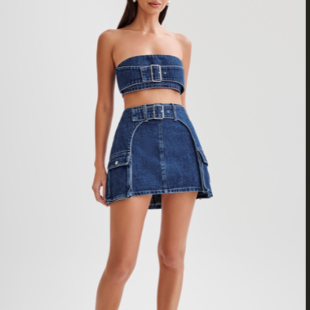 Meshki Indigo Denim Mini Skirt with Belted Waist